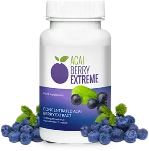 Acai Berry Extreme supplement bottle with a label featuring acai berries.