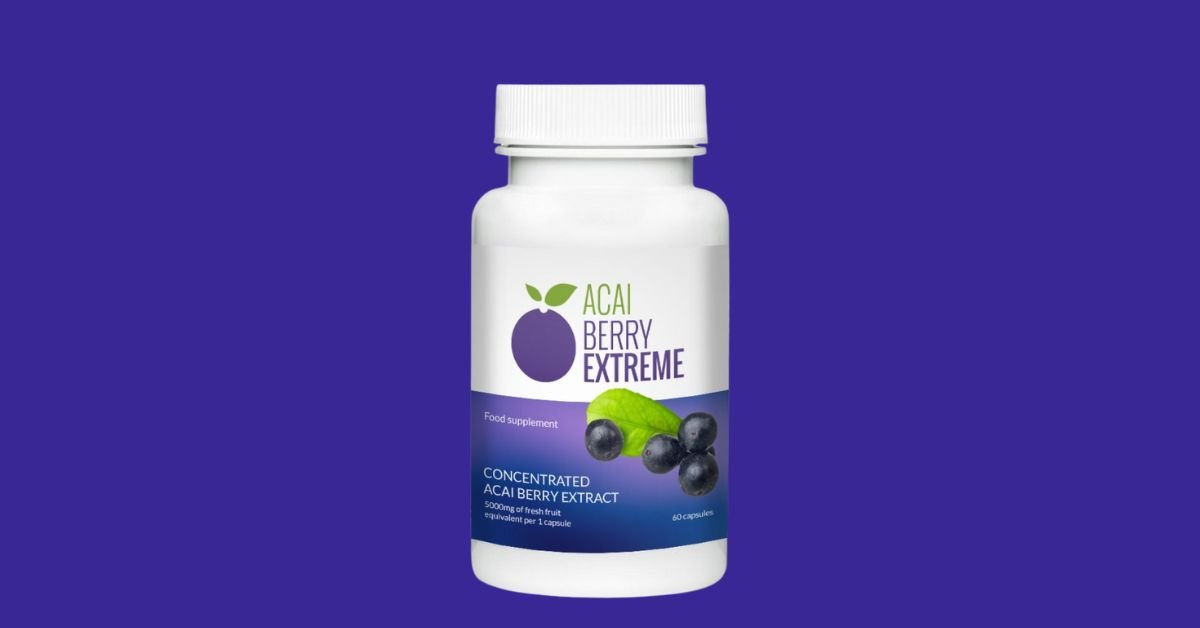 Acai Berry Extreme dietary supplement bottle with a vibrant label showcasing acai berries.