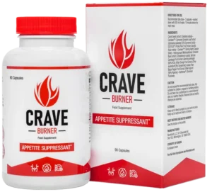 Crave Burner appetite suppressant supplement bottle placed on a wooden surface, emphasizing natural weight loss support through appetite control and metabolism boost.