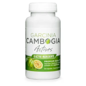 Garcinia Cambogia Actives supplement bottle, featuring a label with the product name and an image of the Garcinia Cambogia fruit. The supplement is designed to aid in weight loss, reduce appetite, and boost metabolism using natural ingredients.