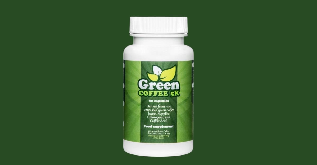 Green Coffee 5K supplement bottle showcasing the product's packaging with 5000 mg green coffee bean extract.