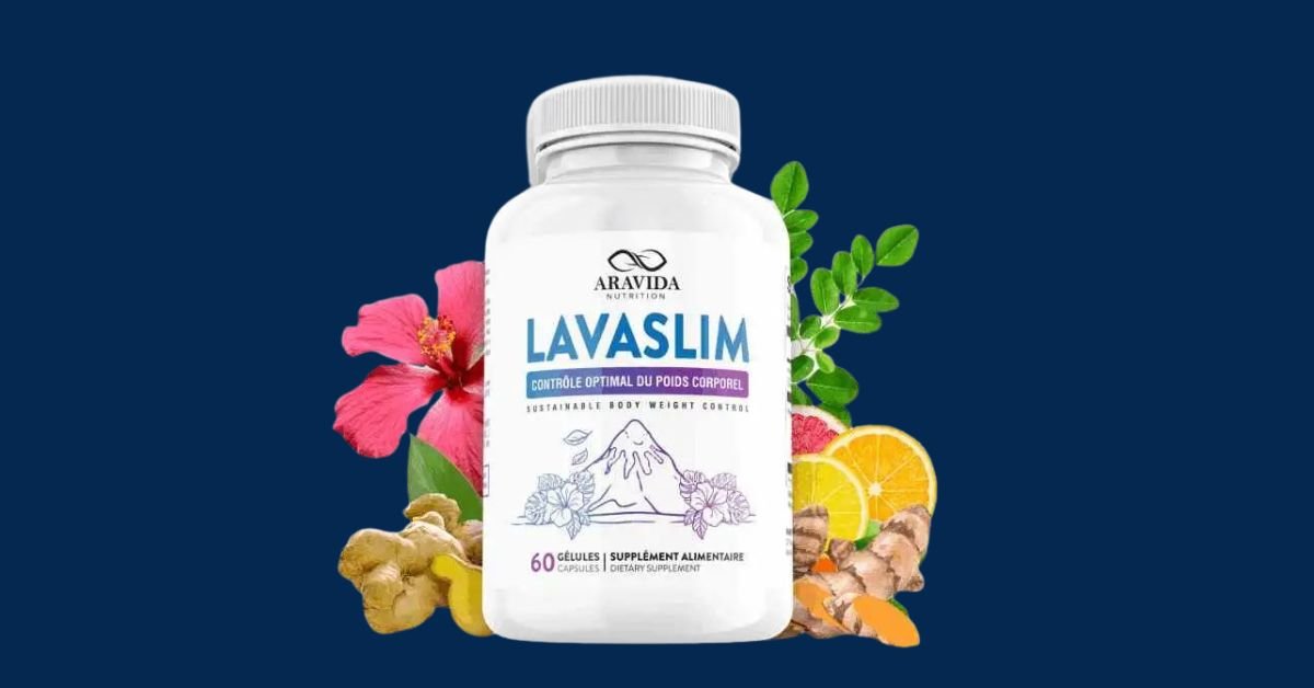 LavaSlim bottle of natural weight loss supplement surrounded by fresh ingredients like ginger, turmeric, and citrus, representing its metabolism-boosting and fat-burning properties.