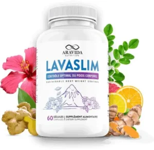 Bottle of LavaSlim, a natural weight loss supplement that boosts metabolism by targeting core body temperature, shown with its packaging and key ingredients